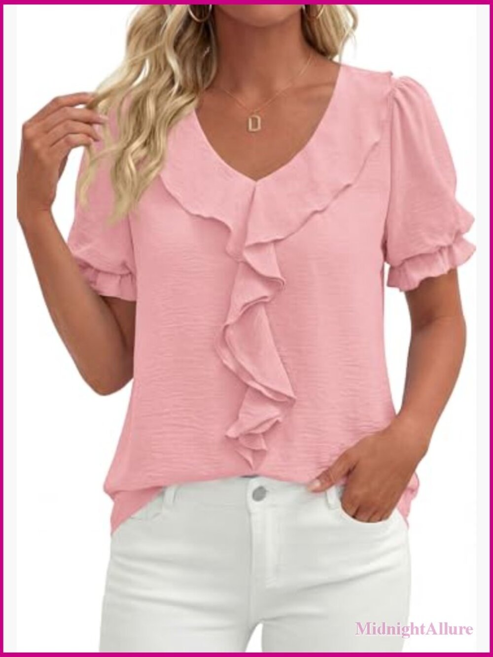 Puff Sleeve V Neck Ruffle Blouse - Short Sleeve Dressy Casual Top - Picture 6 of 7